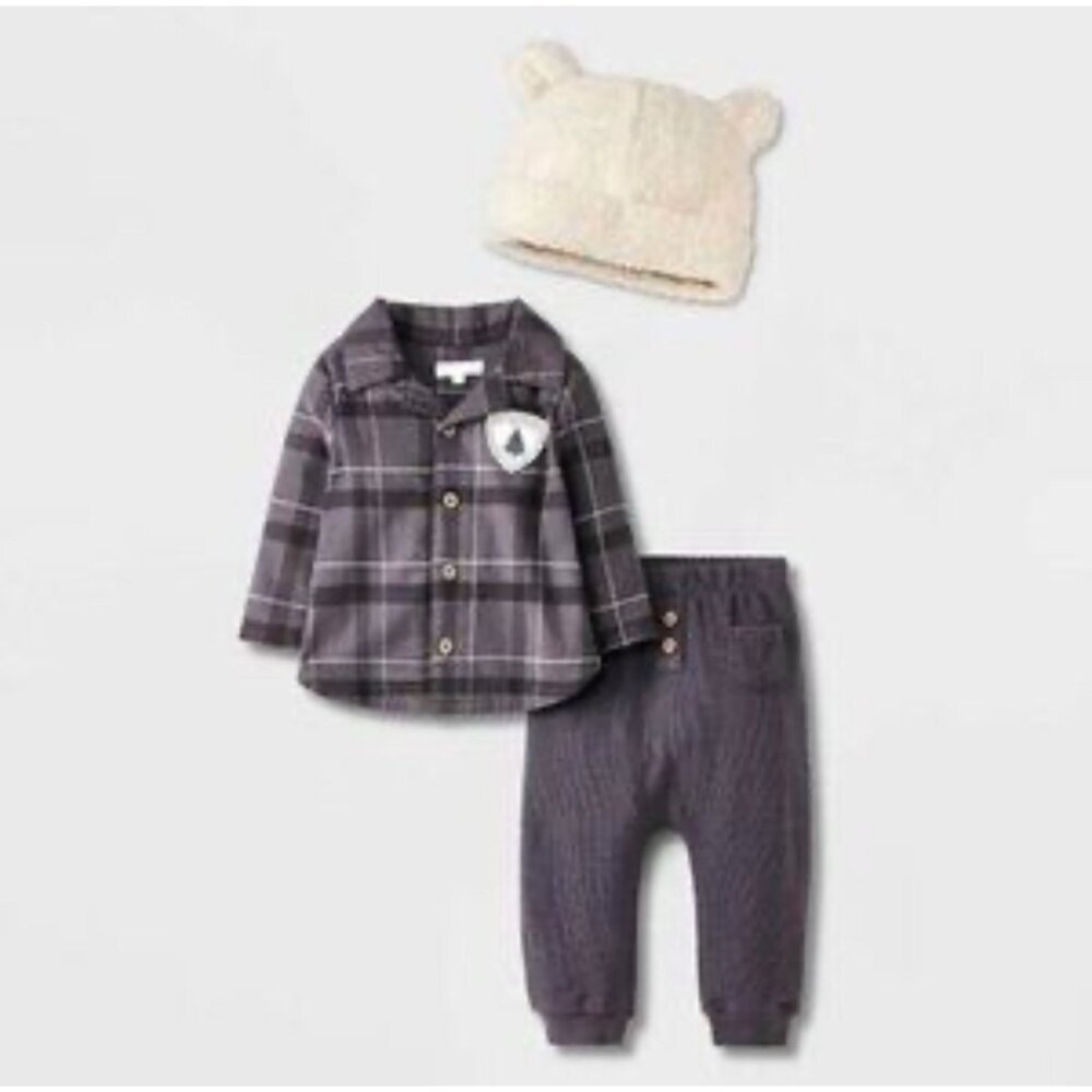 Grayson Mini Baby Boys' Flannel Set with Hat in Gray and white plaid 18M NWT